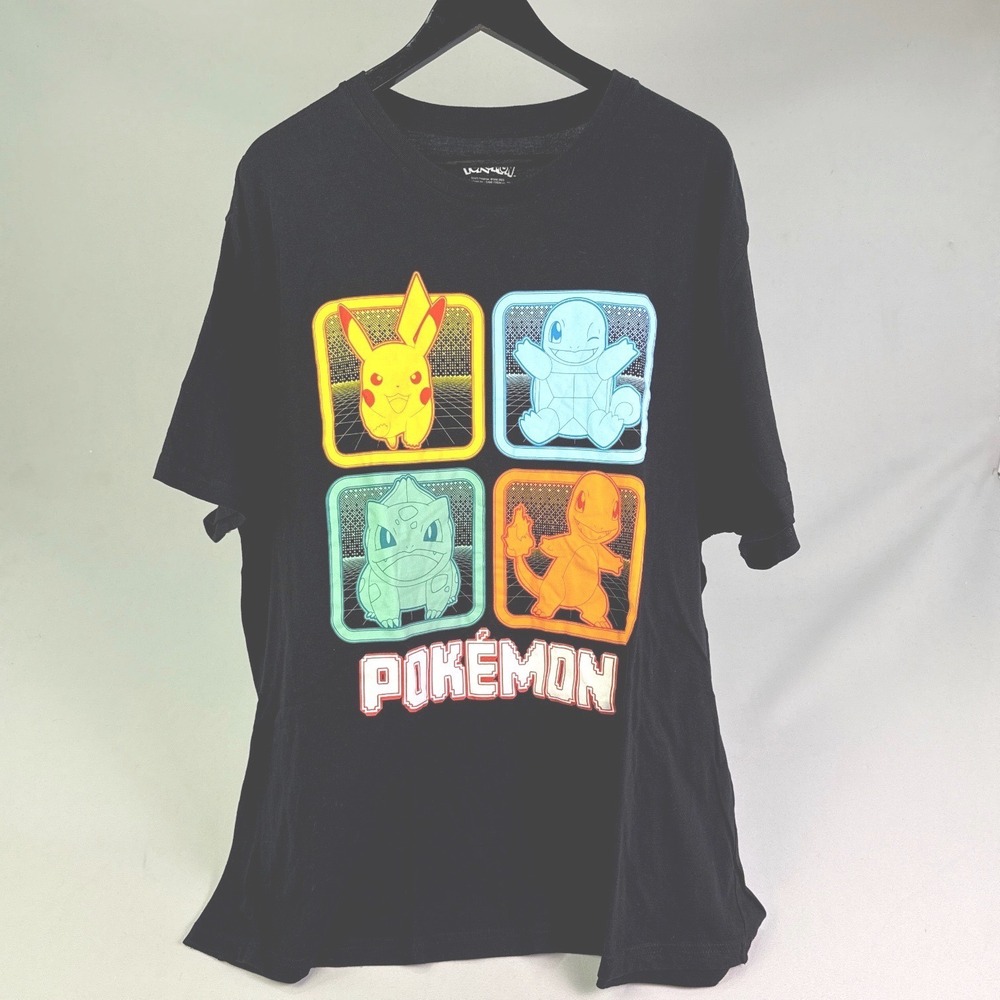 Pokemon Mens 2XB Black Graphic T-Shirt Pikachu Charmander Squirtle Bulbasaur